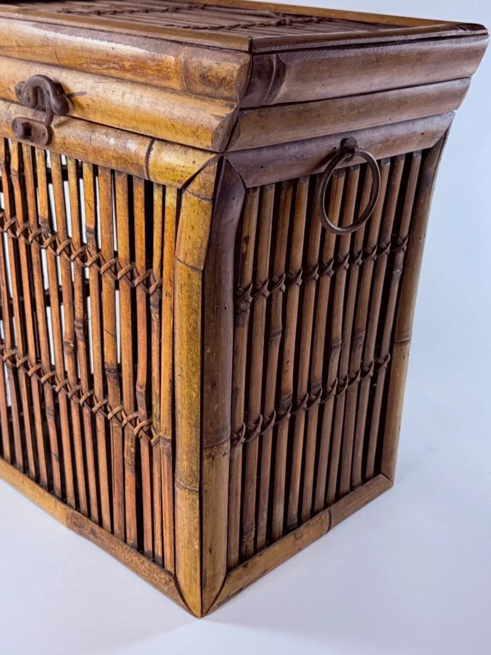 Bamboo & Wood Lattice Storage Box W/Hinged Lid Metal Clasp Wall Clips 14 in Tall